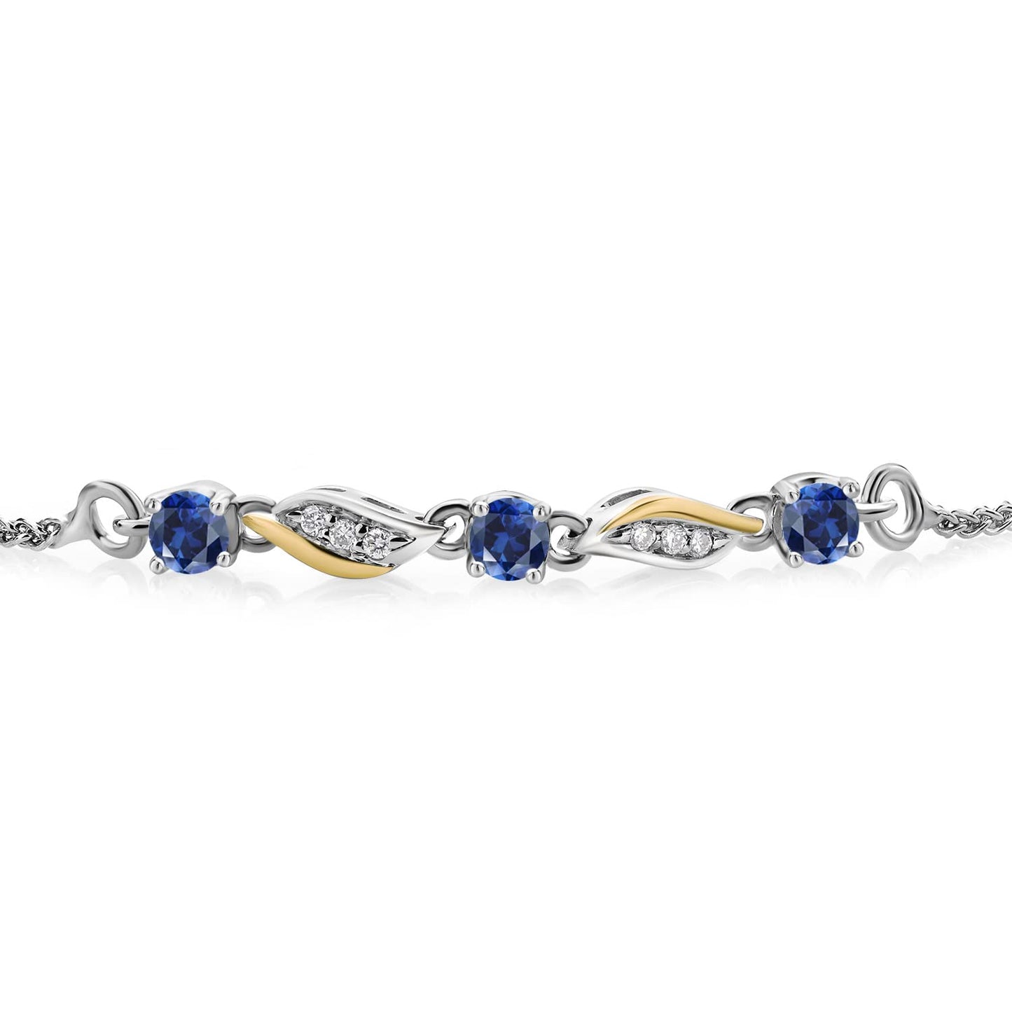 Gem Stone King 925 Sterling Silver and 10K Yellow Gold Blue Created Sapphire and White Lab Grown Diamond Tennis Bracelet For Women (0.46 Cttw, Fully Adjustable Up to 9 Inch)