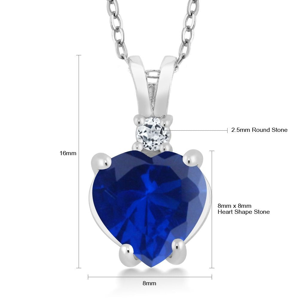 Gem Stone King 14K White Gold Blue Created Sapphire and White Topaz Heart Shape Pendant Necklace For Women (2.38 Cttw, with 18 Inch Chain)