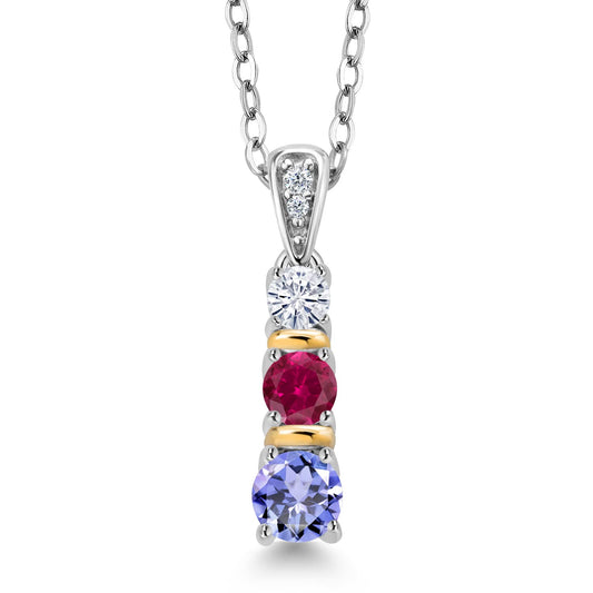 Gem Stone King 925 Silver and 10K Yellow Gold Round Blue Tanzanite Red Created Ruby and White Moissanite Pendant Necklace For Women (0.65 Cttw, Gemstone December Birthstone, with 18 Inch Chain)