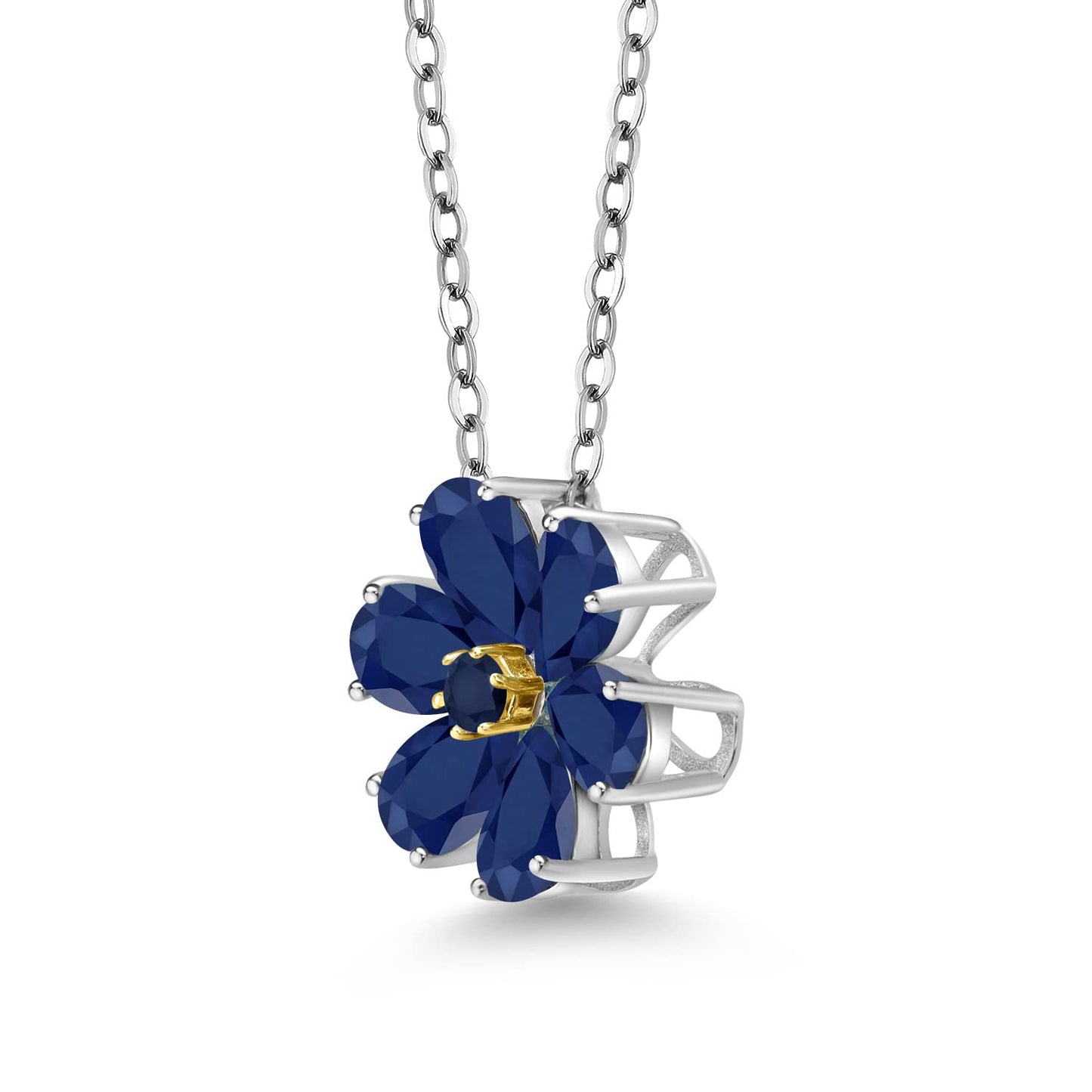 Gem Stone King 925 Sterling Silver and 10K Yellow Gold Blue Sapphire Pear Shape Flower Pendant Necklace For Women (3.06 Cttw, 6X4MM, Gemstone Birthstone, with 18 Inch Chain)