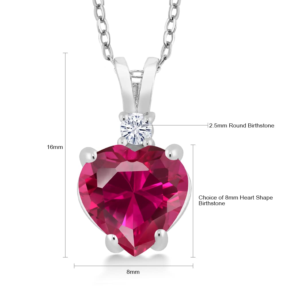 Gem Stone King 14K White Gold 8MM Red Created Ruby and 2.5MM White Topaz Heart Pendant Necklace | 2.27 Cttw | Gold Necklace For Women | With 18 Inch Chain