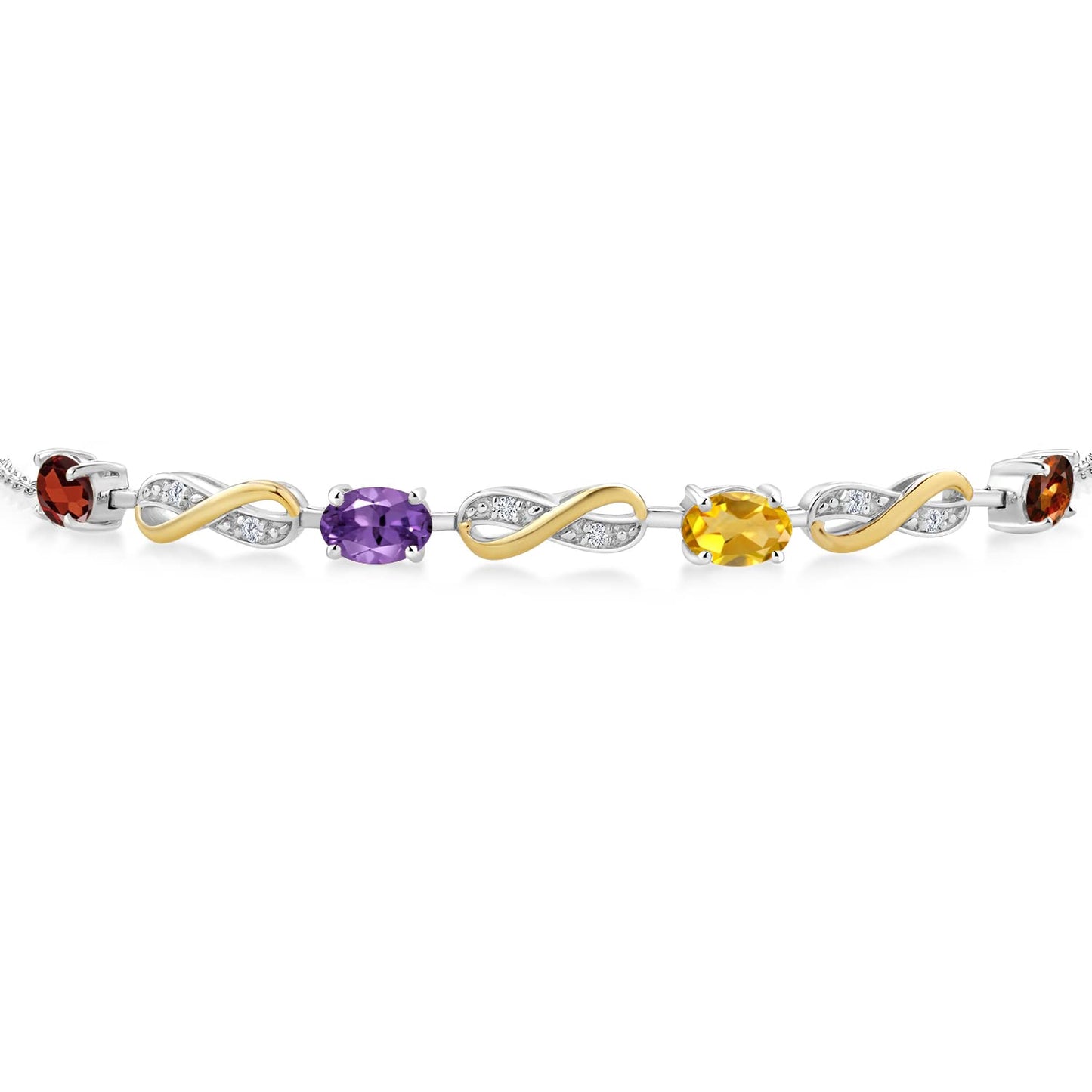 Gem Stone King 925 Silver and 10K Yellow Gold Customized and Personalized 4-Stone Oval Gemstone Birthstone and Lab Grown Diamond Infinity Tennis Bracelet For Women | Fully Adjustable Up to 7.5 Inch