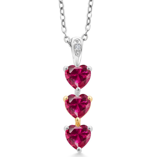 Gem Stone King 925 Sterling Silver and 10K Yellow Gold Red Created Ruby and White Lab Grown Diamond 3 Stone Heart Shape Pendant Necklace For Women By Keren Hanan (1.81 Cttw, with 18 Inch Silver Chain)