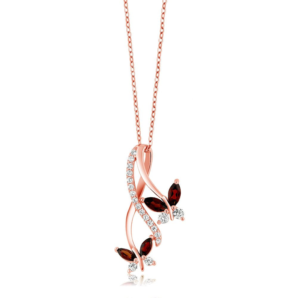 Gem Stone King 18K Rose Gold Plated Silver Red Garnet Butterfly Pendant Necklace For Women (1.21 Cttw, Marquise Cut Gemstone Birthstone, with 18 Inch Chain)