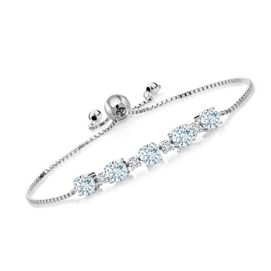 Gem Stone King 2.76 Cttw 925 Sterling Silver Sky Blue Aquamarine and White Lab Grown Diamond Tennis Bracelet For Women | Bollo Bracelet | Fully Adjustable Up to 9 Inch | Easy-On Easy-Off