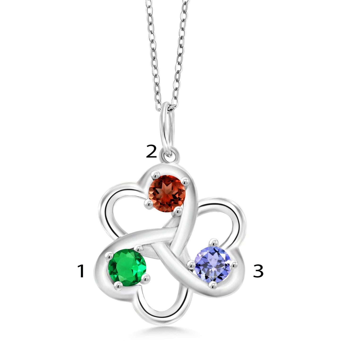 Gem Stone King 4MM Round Gemstone Birthstone 3 Hearts Interlock Pendant Necklace For Women | 925 Sterling Silver | Fine Jewelry Gifts for Her Mom Women Wife | With 18 Inch Silver Chain