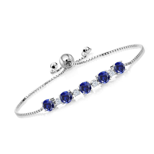 Gem Stone King 925 Sterling Silver Round Blue Created Sapphire Tennis Bracelet For Women (3.20 Cttw, Fully Adjustable Up to 9 Inch)