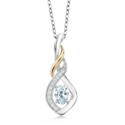 Gem Stone King 2 Tone 10K Yellow Gold And 925 Sterling Silver Sky Blue Aquamarine and Diamond Infinity Pendant Necklace For Women with 18 Inch Chain