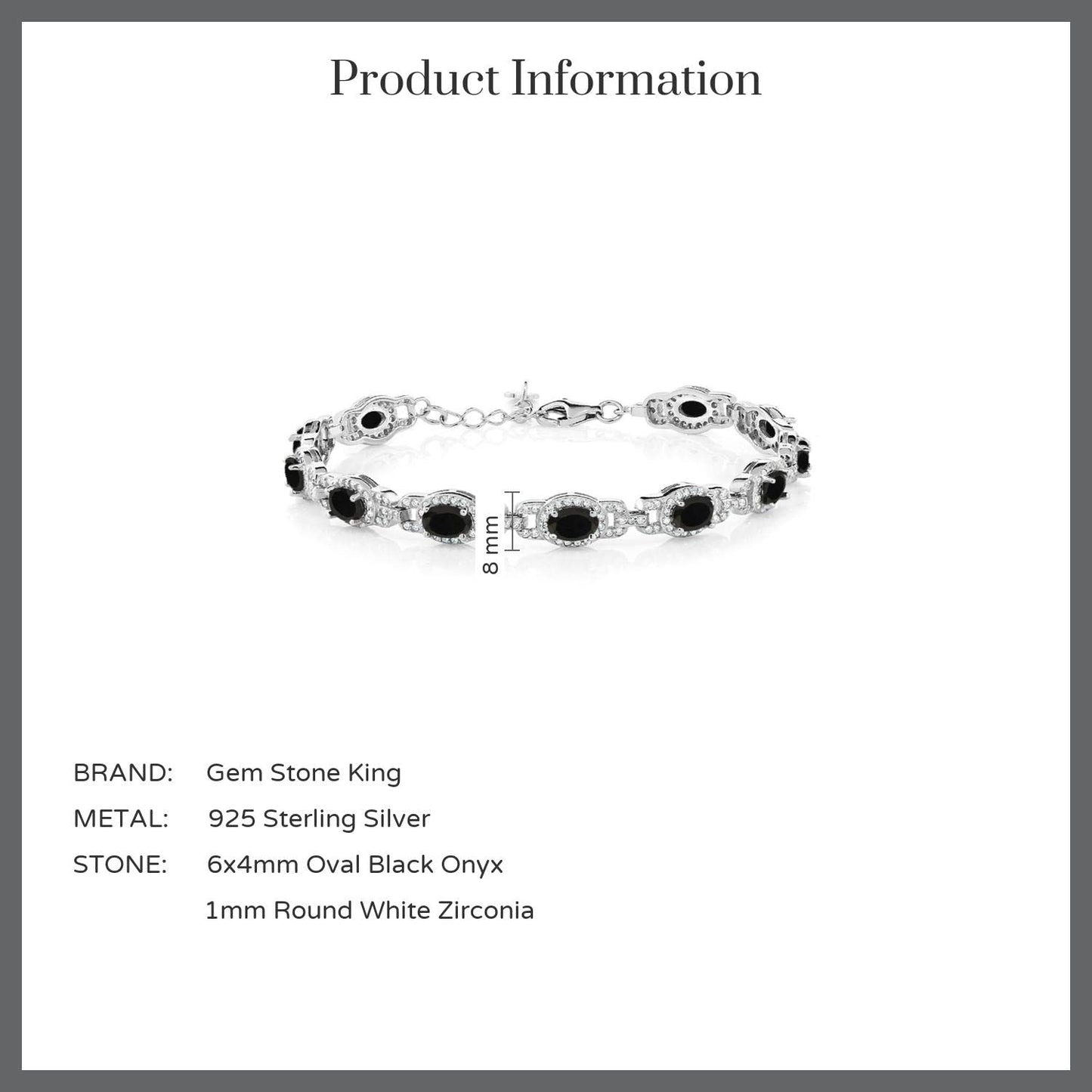 Gem Stone King 925 Sterling Silver Black Onyx Tennis Bracelet For Women (8.00 Cttw, Gemstone Birthstone, Oval 6X4MM, 7 Inch With 1 Inch Extender)