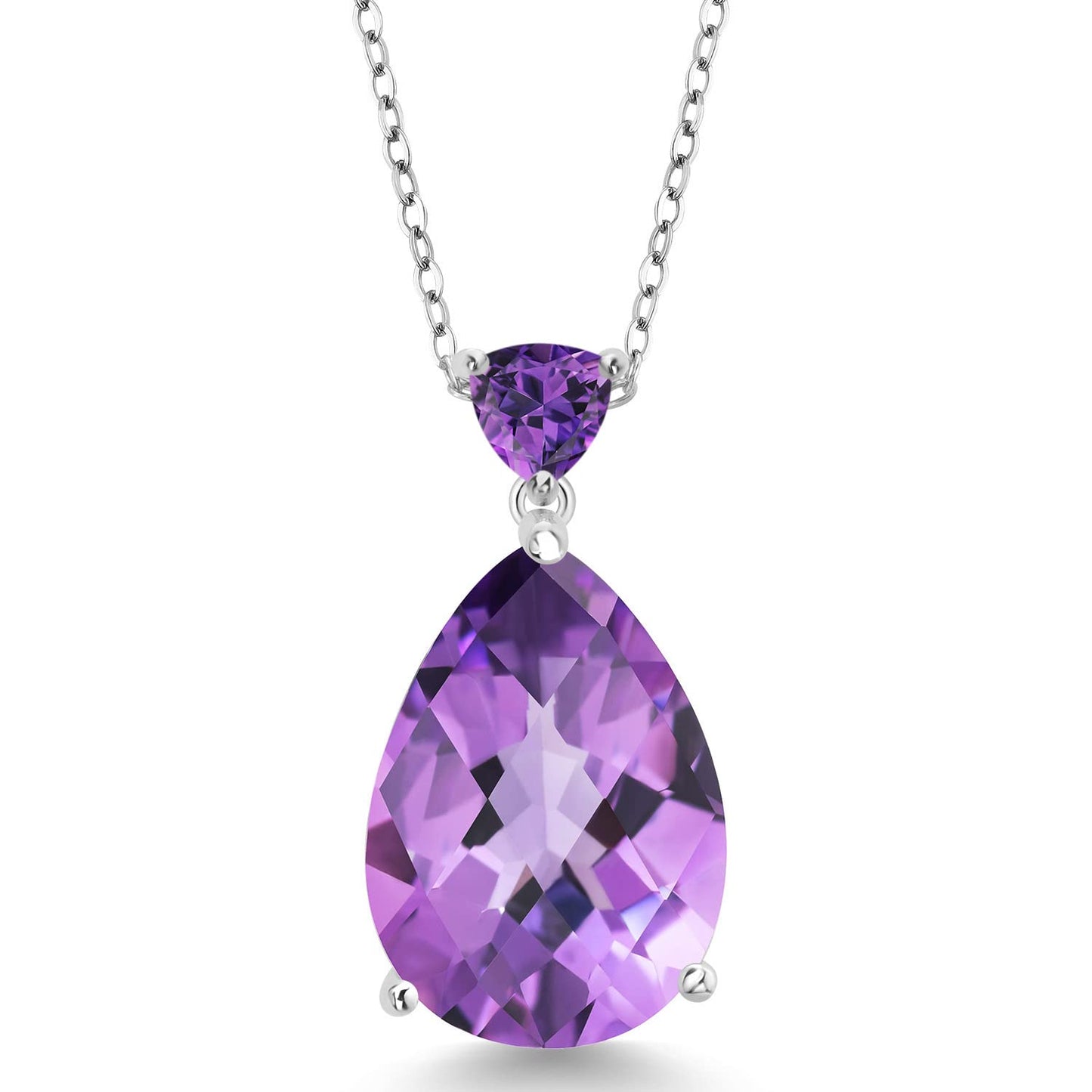 Gem Stone King 925 Sterling Silver Purple Amethyst Pendant Necklace For Women (10.22 Cttw, Gemstone Birthstone, Pear Shape Checkerboard 18X13MM, with 18 Inch Chain)