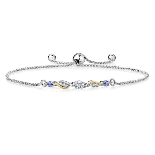 Gem Stone King 925 Silver and 10K Yellow Gold Customized and Personalized 3.5MM and 2.5MM Round Gemstone Birthstone and Lab Grown Diamond Tennis Bracelet For Women