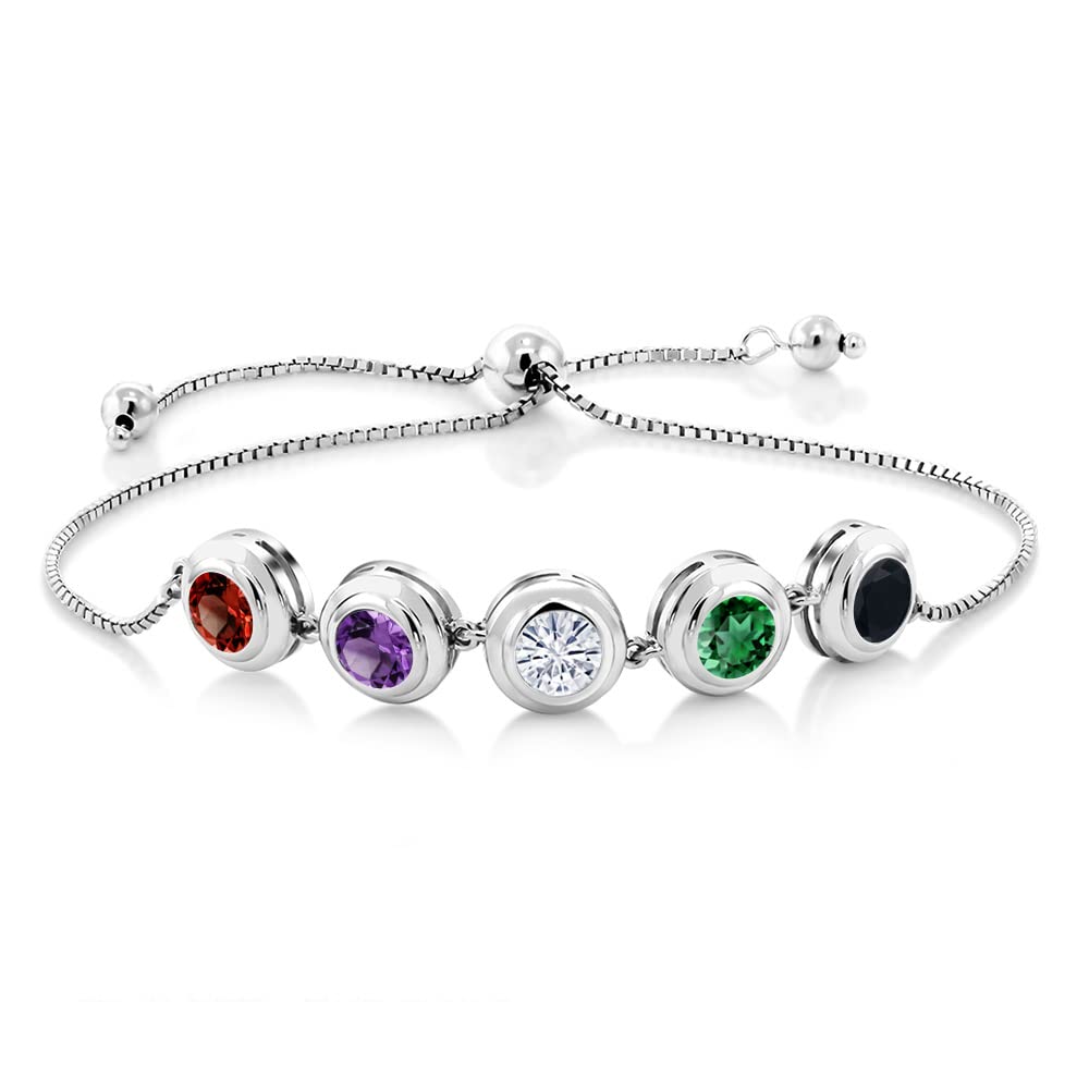 Gem Stone King 925 Sterling Silver Customized and Personalized 5-Stone Round Bezel Gemstone Birthstone Tennis Bracelet For Women Fully Adjustable Up to 9 Inch