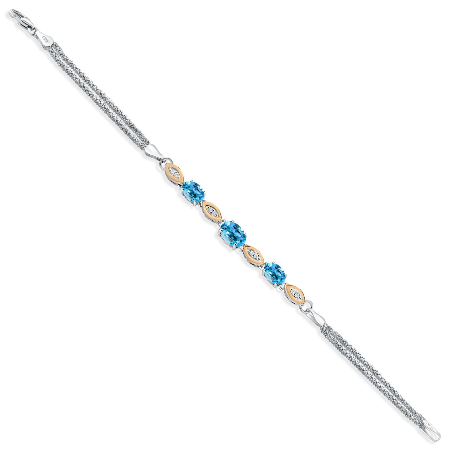 Gem Stone King 925 Silver and 10K Yellow Gold Swiss Blue Topaz and White Lab Grown Diamond Bracelet For Women (2.16 Cttw, Gemstone November Birthstone, Oval, Wheat Chain, 7 Inches)