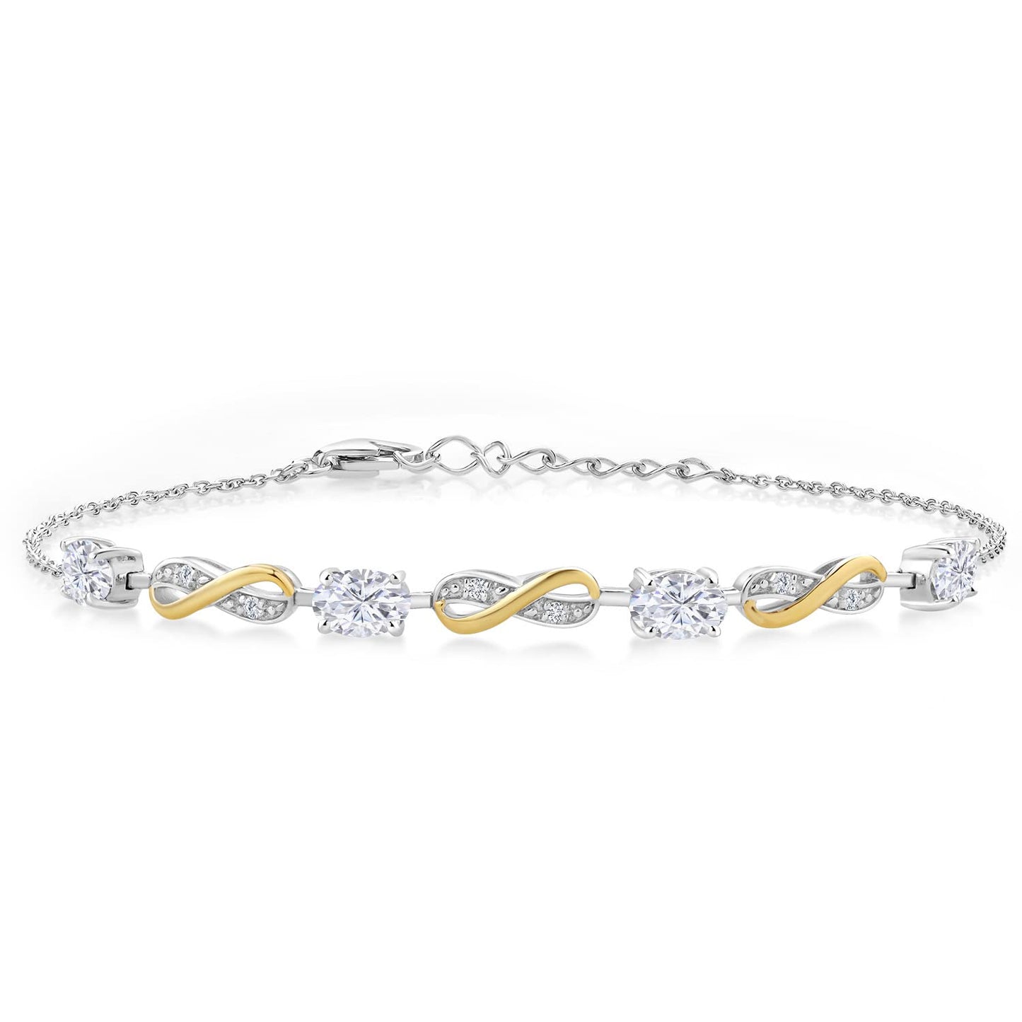 Gem Stone King 925 Silver and 10K Yellow Gold White Moissanite and White Lab Grown Diamond Infinity Bracelet For Women Mother's Mom Wife Her (2.05 Cttw, Fully Adjustable Up to 7.5 Inch)