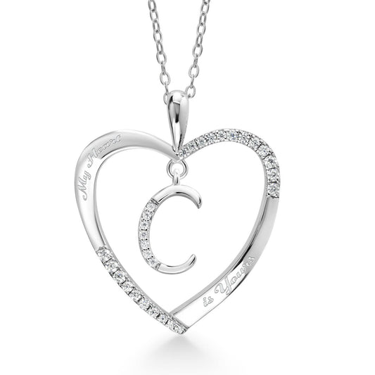 Gem Stone King 925 Sterling Silver Dangling Initial Letter C Charm Personalized Name Engraved Heart Pendant Necklace For Women Set with White Moissanite and 18 Inch Chain