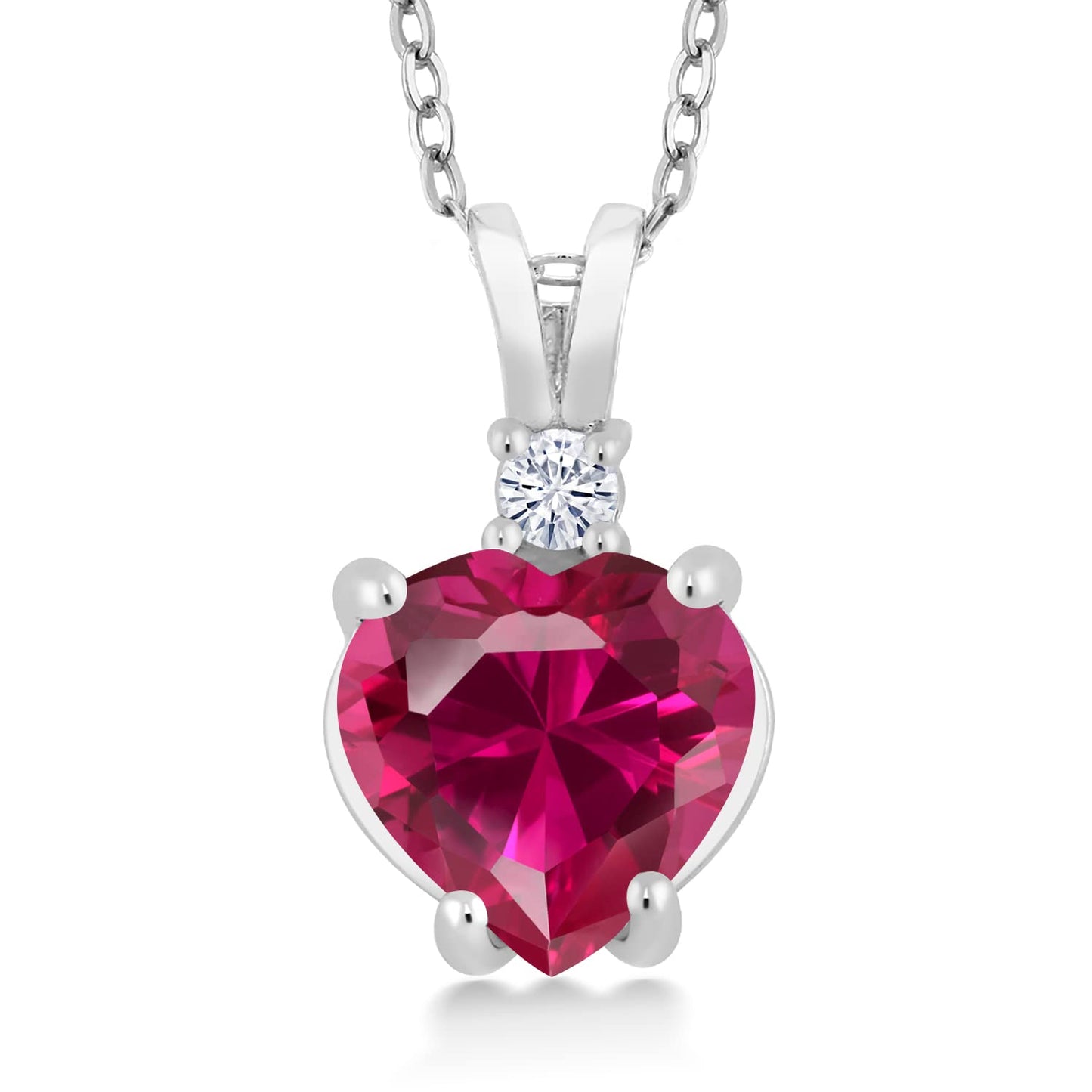 Gem Stone King 14K White Gold 8MM Red Created Ruby and 2.5MM White Topaz Heart Pendant Necklace | 2.27 Cttw | Gold Necklace For Women | With 18 Inch Chain