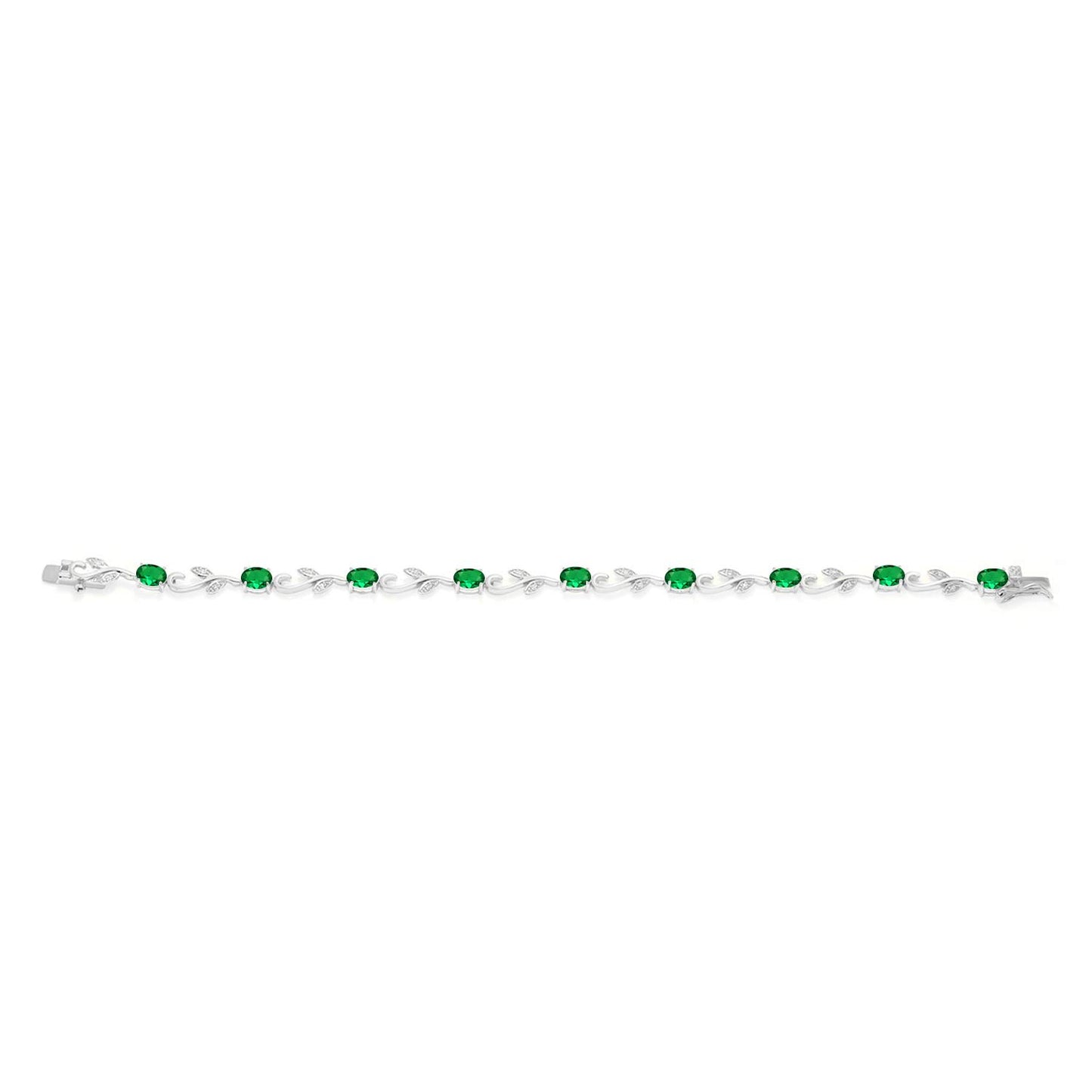 Gem Stone King 925 Sterling Silver Oval Green Simulated Emerald and Diamond Greek Vine Tennis Bracelet For Women (3.73 Cttw, 7 Inch)