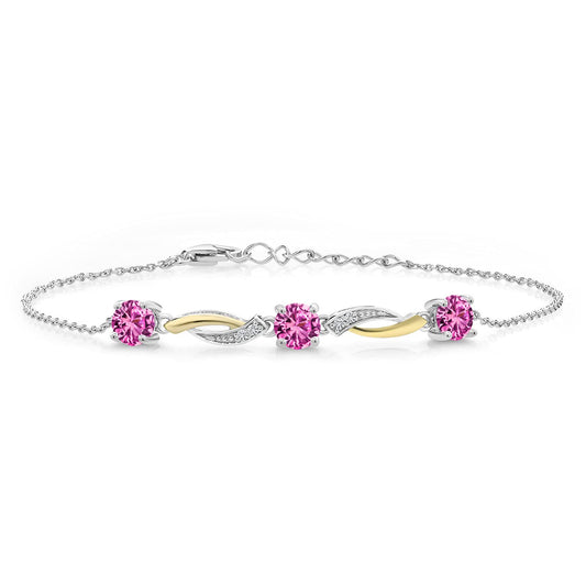 Gem Stone King 925 Sterling Silver and 10K Yellow Gold 5MM Round Pink Created Sapphire and 1.3MM White Moissanite Women Tennis Bracelet | 1.69 Cttw | Bollo Bracelet | Fully Adjustable Up to 9 Inch