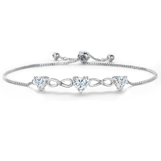 Gem Stone King Three Stone Gemstone Birthstone and White Moissanite Tennis Bracelet For Women | Heart Shape 6MM and 5MM | Fully Adjustable Up to 9 Inch