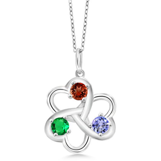 Gem Stone King 4MM Round Gemstone Birthstone 3 Hearts Interlock Pendant Necklace For Women | 925 Sterling Silver | Fine Jewelry Gifts for Her Mom Women Wife | With 18 Inch Silver Chain