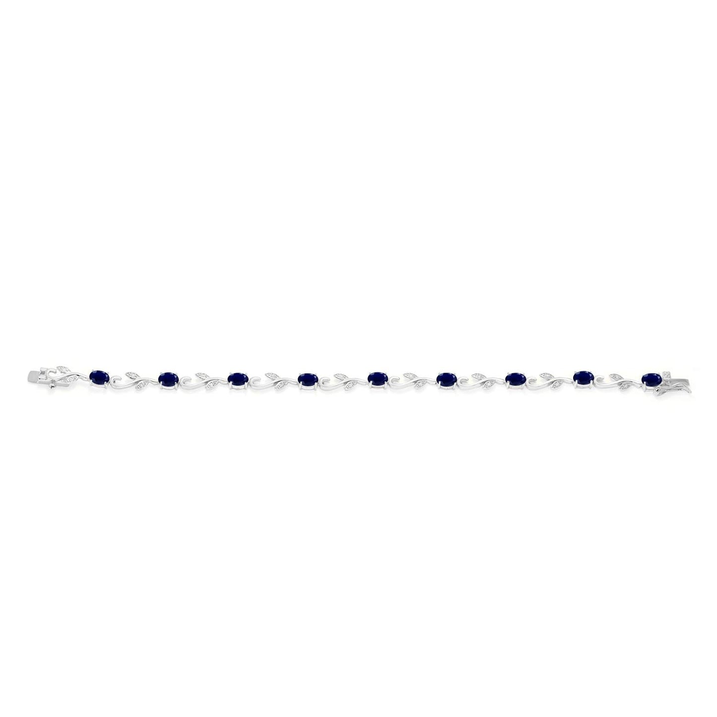 Gem Stone King 925 Sterling Silver Blue Sapphire and White Diamond Oval Tennis Bracelet | Greek Vine Bracelet for Women | 5.12 Cttw | Oval 6X4MM | Gemstone Birthstone | 7 Inch