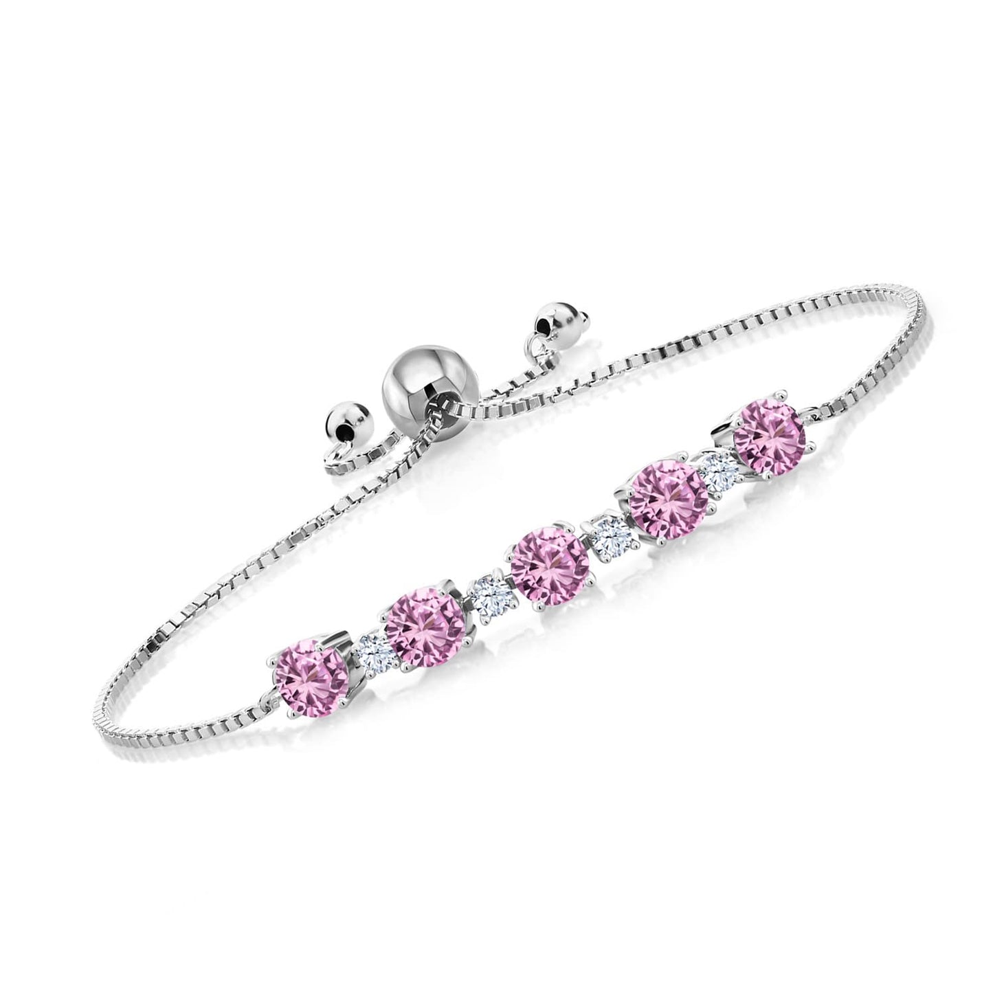 Gem Stone King 925 Sterling Silver Pink Created Sapphire Tennis Bracelet For Women (2.95 Cttw, Round 5MM and 2.5MM, Fully Adjustable Up to 9 Inch)