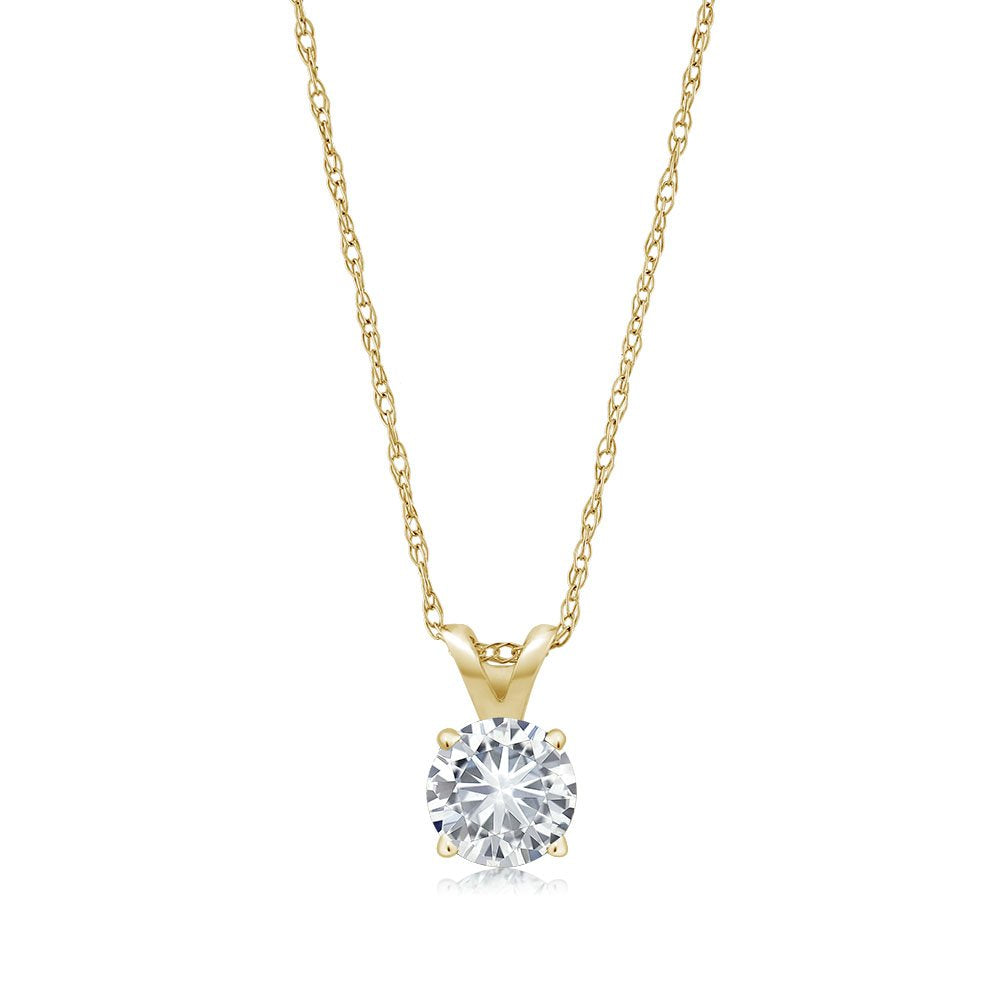 Gem Stone King 14K Yellow Gold White Moissanite Solitaire Pendant Necklace For Women | 0.27 Cttw | Round 4.5MM | With 18 inch Chain