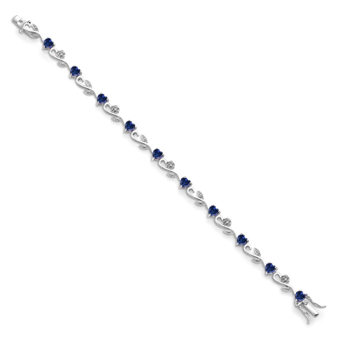 Gem Stone King 925 Sterling Silver Heart Shape Blue Created Sapphire and White Lab Grown Diamond Greek Vine Flower Tennis Bracelet For Women (5.04 Cttw, 7.5 Inch)