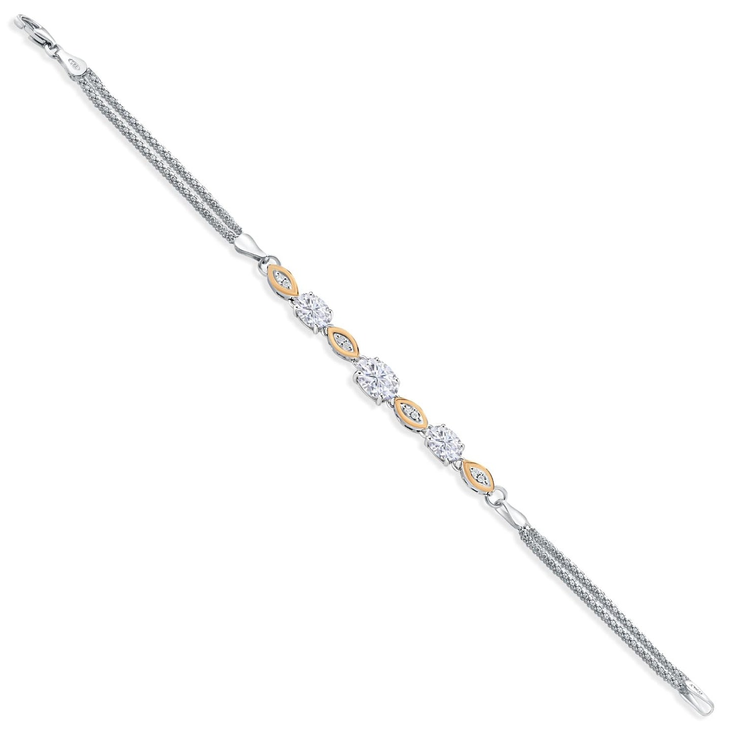 Gem Stone King 925 Silver and 10K Yellow Gold White Moissanite and White Lab Grown Diamond Bracelet For Women (1.96 Cttw, Gemstone, Oval, Wheat Chain, 7 Inches)