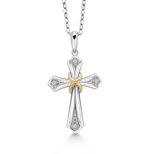 Gem Stone King 925 Silver and 10K Yellow Gold White Lab Grown Diamond Cross Pendant Necklace for Women (20X15MM, Comes with 18 Inch Chain)