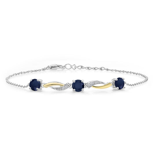 Gem Stone King 925 Sterling Silver and 10K Yellow Gold Blue Sapphire and White Lab Grown Diamond Women Tennis Bracelet (1.84 Cttw, Gemstone Birthstone, Round 5MM)