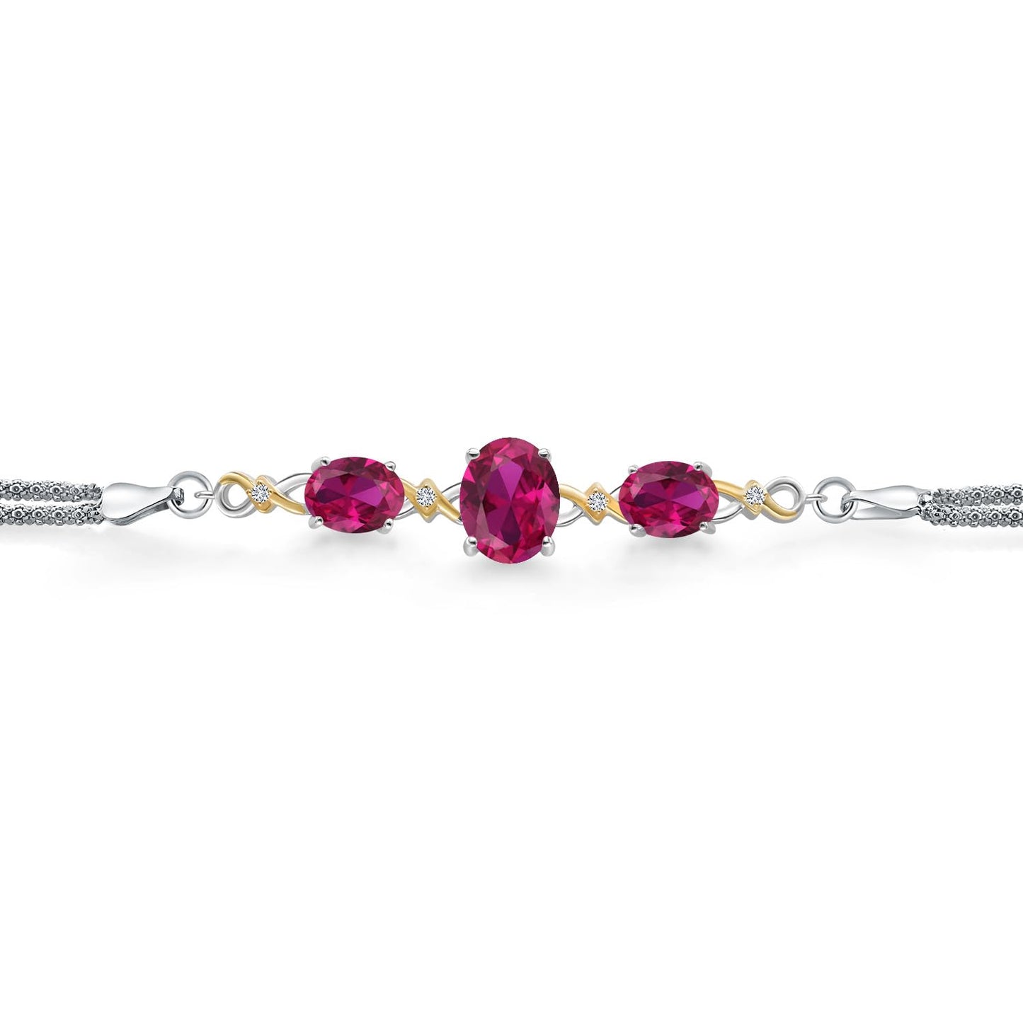 Gem Stone King 925 Silver and 10K Yellow Gold Red Created Ruby and White Lab Grown Diamond Bracelet For Women (5.76 Cttw, Oval 10X8MM and 8X6MM, 6.5/7/7.5 Inch, Made in Italy)