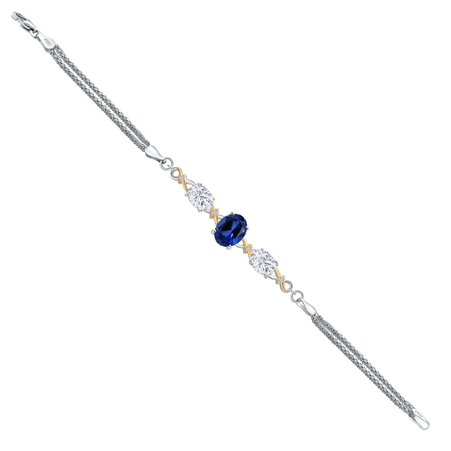 925 Silver and 10K Yellow Gold Blue Created Sapphire and White Moissanite and White Lab Grown Diamond Bracelet For Women (6.36 Cttw, Oval 10X8MM and 8X6MM, 6.5/7/7.5 Inch, Made in Italy)