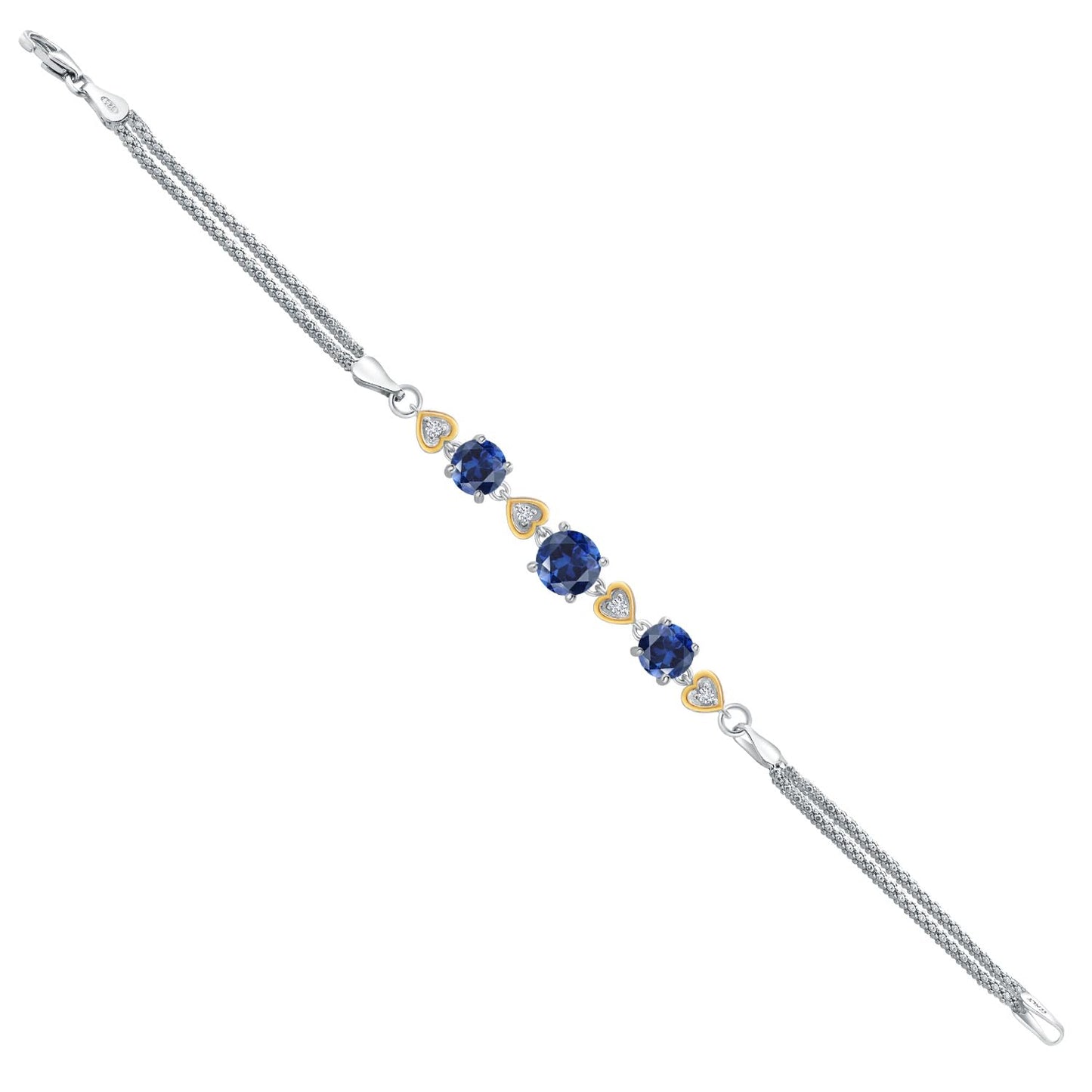 Gem Stone King 925 Sterling Silver and 10k Yellow Gold Blue Created Sapphire and White Lab Grown Diamond Bracelet For Women (3.68 Cttw, Round 7MM and 6MM, 6.5/7/7.5 Inch, Made In Italy)