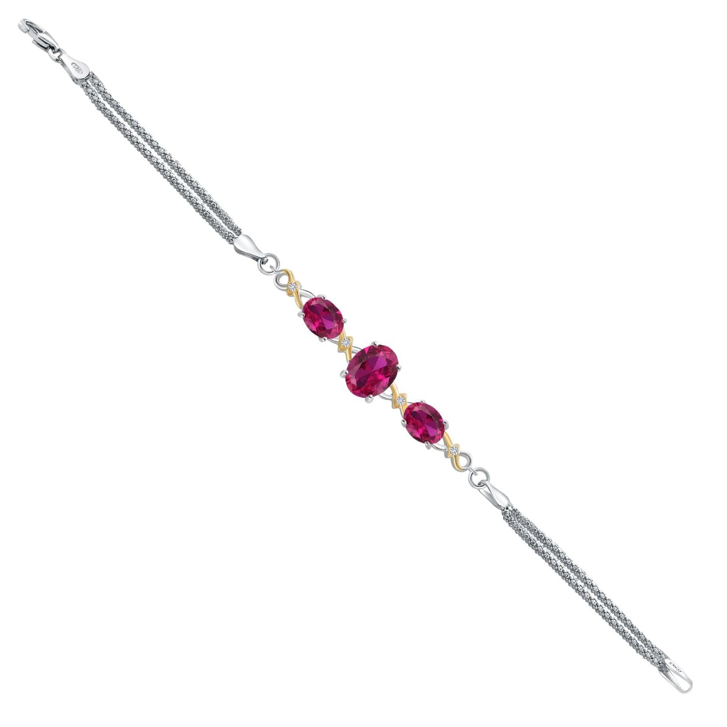 Gem Stone King 925 Silver and 10K Yellow Gold Red Created Ruby and White Lab Grown Diamond Bracelet For Women (5.76 Cttw, Oval 10X8MM and 8X6MM, 6.5/7/7.5 Inch, Made in Italy)