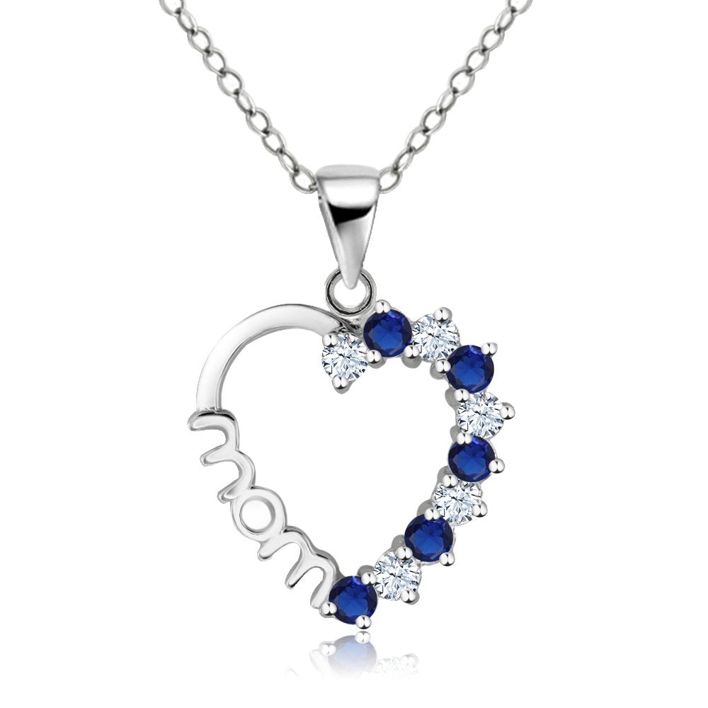 Gem Stone King 925 Sterling Silver Created White and Blue Sapphire Heart MOM Pendant Necklace For Women with 18 Inch Silver Chain