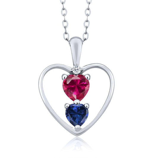 Gem Stone King 925 Sterling Silver Red Created Ruby Blue Created Sapphire and White Topaz Pendant Necklace For Women (1.11 Cttw, Heart 5MM and 4MM, with 18 Inch Silver Chain)