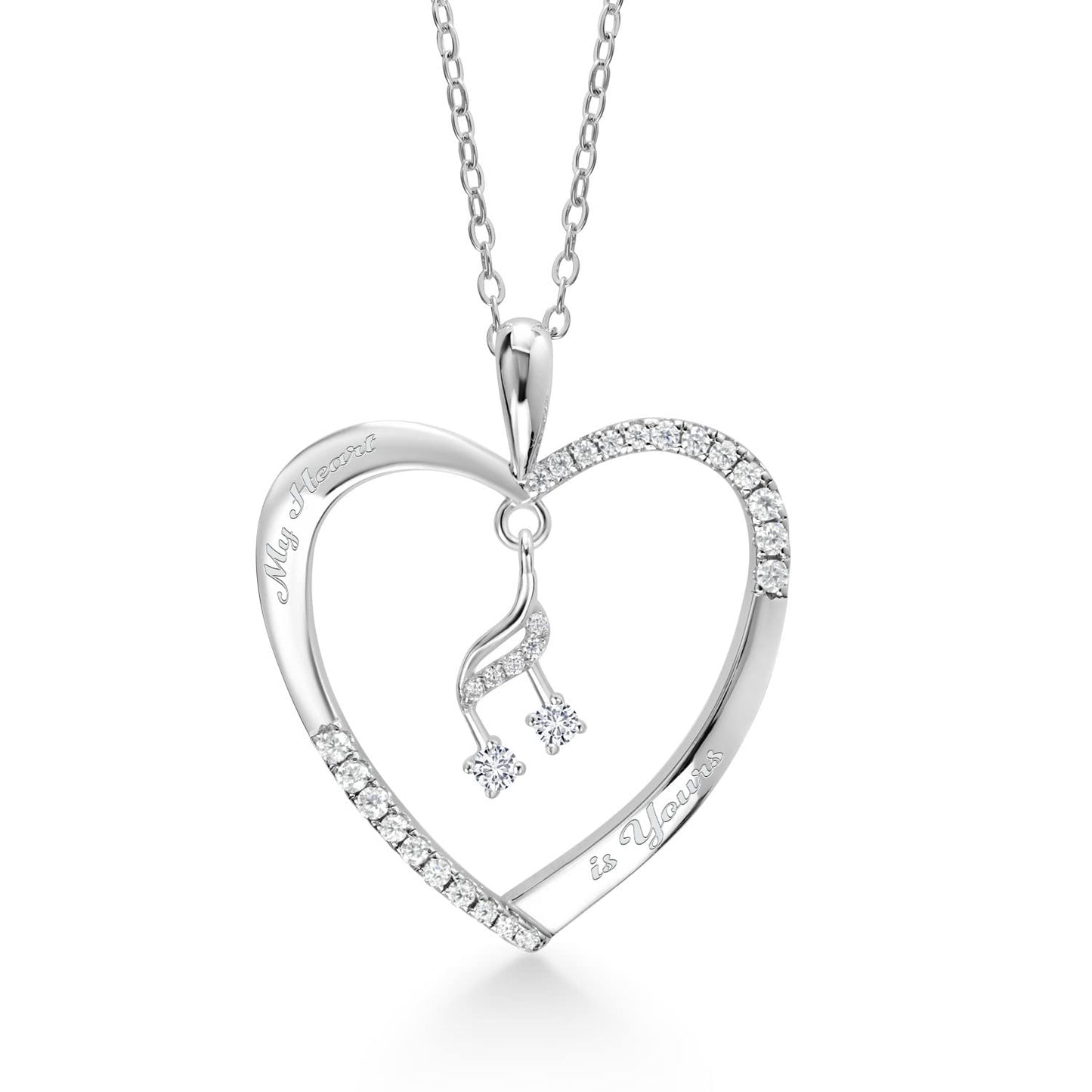 Gem Stone King 925 Sterling Silver Personalized Name Engraved Heart Pendant Necklace with Dangling Music Notes Charm and White Moissanite For Women and 18 Inch Chain