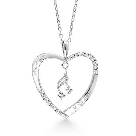 Gem Stone King 925 Sterling Silver Personalized Name Engraved Heart Pendant Necklace with Dangling Music Notes Charm and White Moissanite For Women and 18 Inch Chain