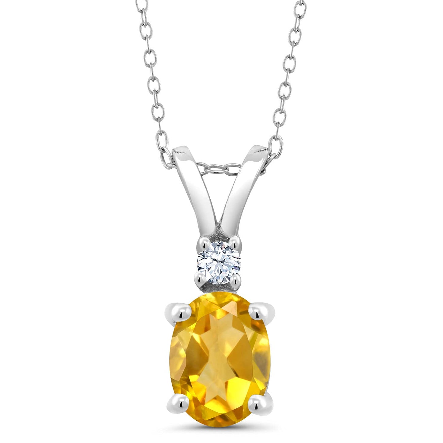 Gem Stone King 925 Sterling Silver Yellow Citrine and White Created Sapphire Pendant Necklace For Women (1.35 Cttw, Oval 8X6MM, with 18 Inch Silver Chain)