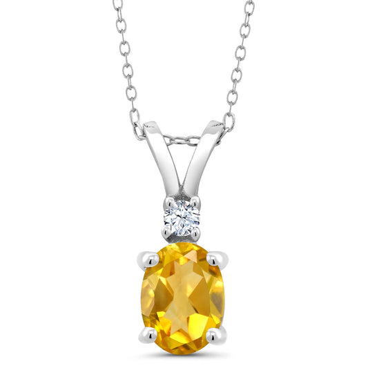 Gem Stone King 925 Sterling Silver Yellow Citrine and White Created Sapphire Pendant Necklace For Women (1.35 Cttw, Oval 8X6MM, with 18 Inch Silver Chain)