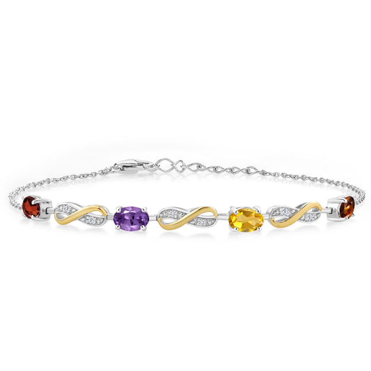 Gem Stone King 925 Silver and 10K Yellow Gold Customized and Personalized 4-Stone Oval Gemstone Birthstone and Lab Grown Diamond Infinity Tennis Bracelet For Women | Fully Adjustable Up to 7.5 Inch