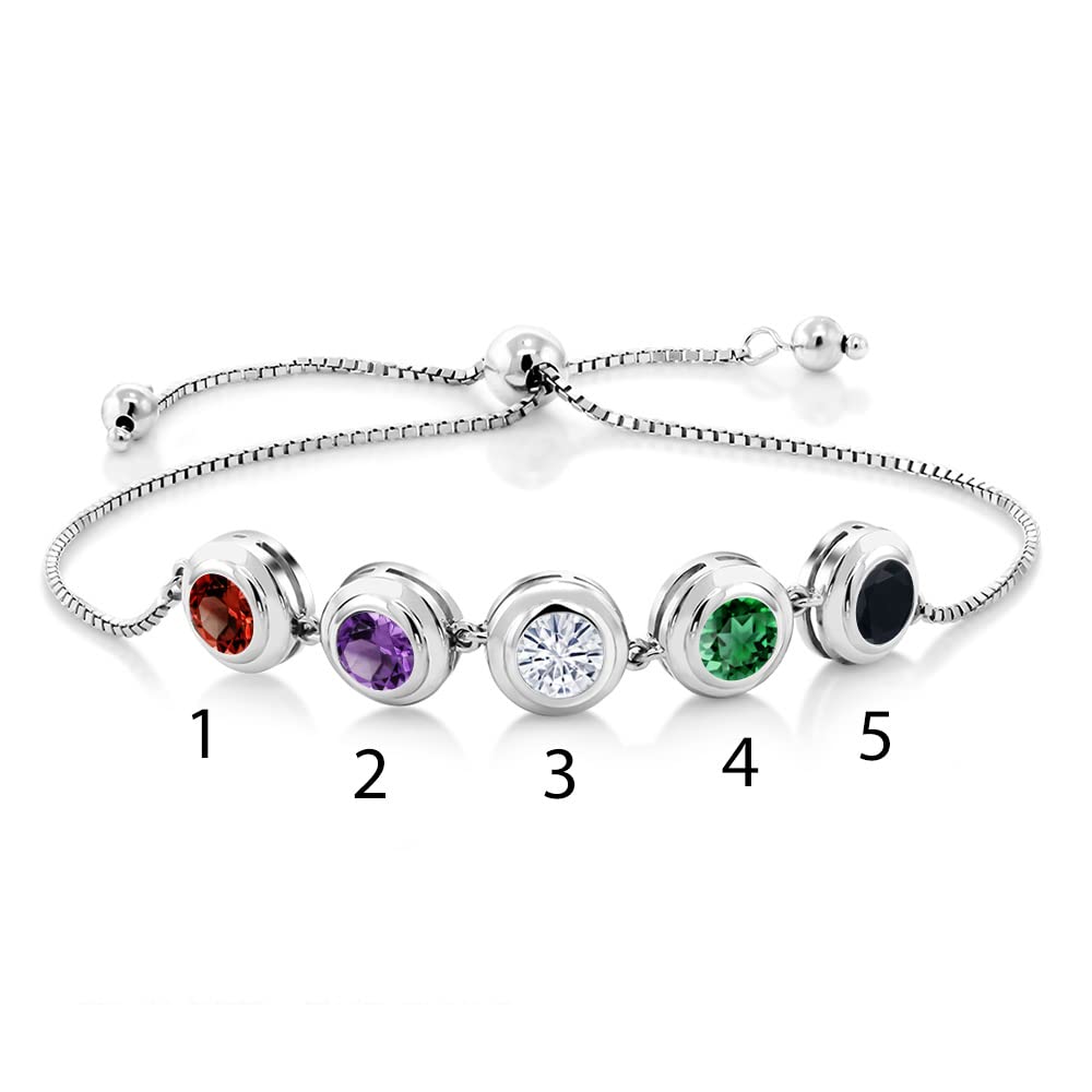 Gem Stone King 925 Sterling Silver Customized and Personalized 5-Stone Round Bezel Gemstone Birthstone Tennis Bracelet For Women Fully Adjustable Up to 9 Inch