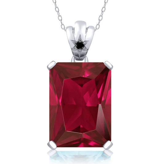 Gem Stone King 925 Sterling Silver Red Created Ruby and Black Diamond Pendant Necklace For Women (20.03 Ctw, Emerald Cut 18X13MM, With 18 Inch Sterling Silver Chain)