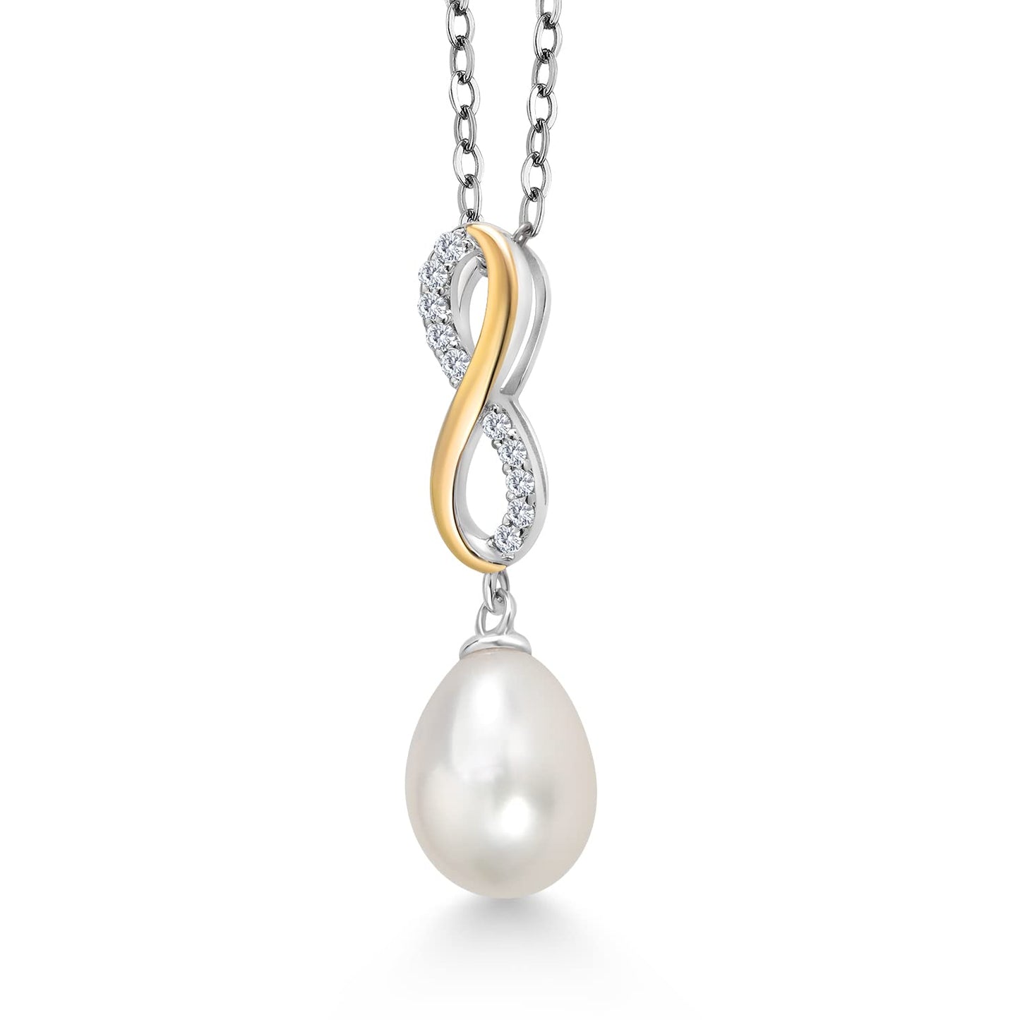 Gem Stone King 925 Sterling Silver and 10K Yellow Gold 10X8MM Cultured Freshwater Pearl and White Lab Grown Diamond Pendant Necklace For Women with 18 Inch Chain