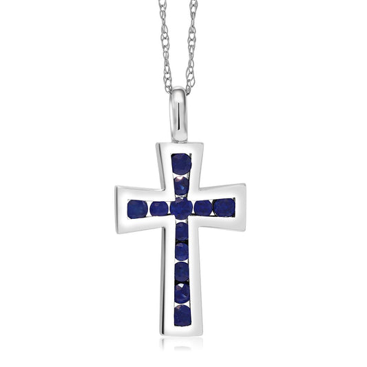 Gem Stone King 10K Solid White Gold Blue Sapphire or Red Ruby Cross Pendant Necklace (1/2 Cttw, Gemstone Birthstone, Length 0.5 Inch, With 18 Inch 10K Gold Chain)