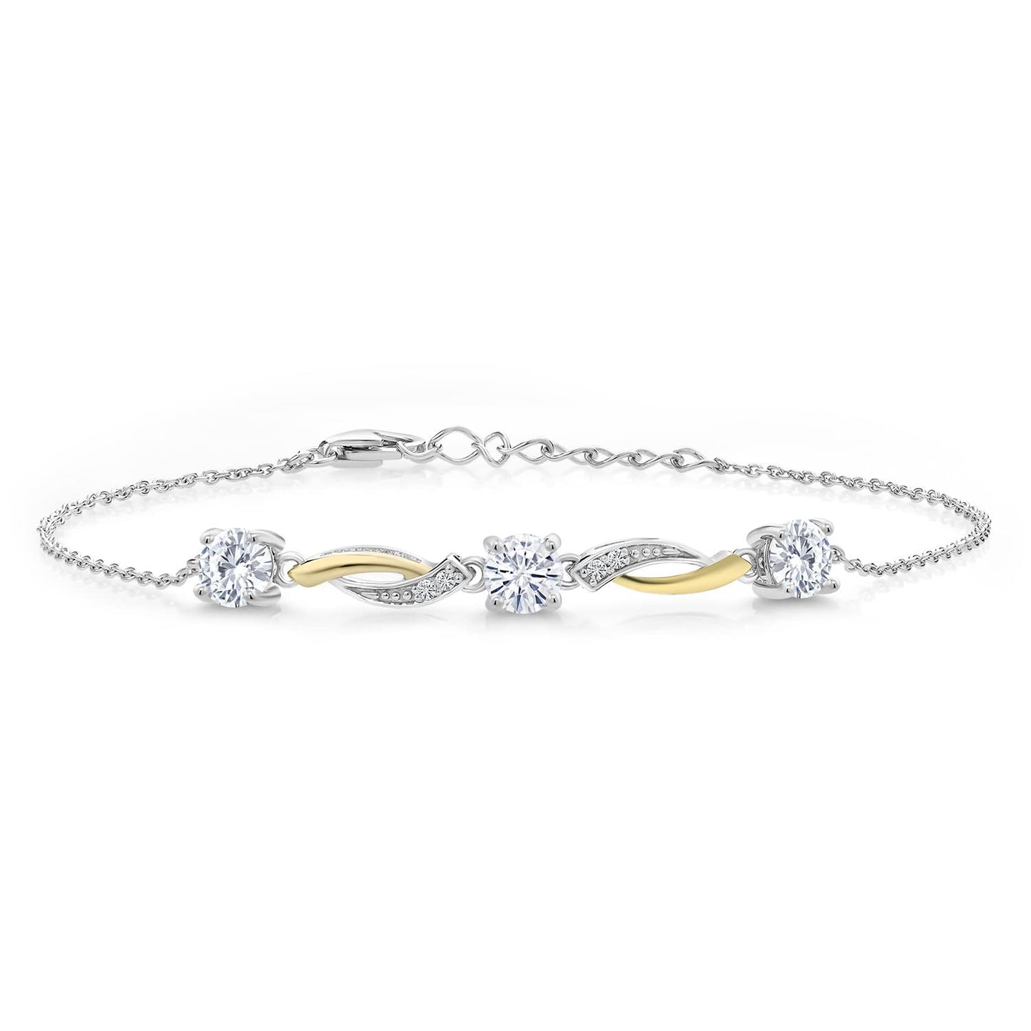 Gem Stone King 2-Tone 925 Sterling Silver and 10K Yellow Gold Lab Grown Diamond and White Moissanite Tennis Bracelet For Women (1.54 Cttw, E-F Color, 7 Inch, with 1 Inch Extender)