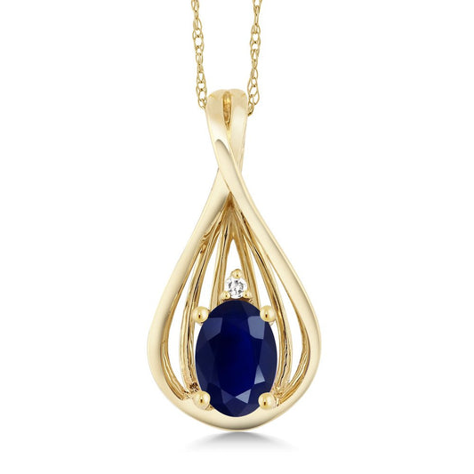 Gem Stone King 10K Yellow Gold Blue Sapphire and White Diamond Teardrop Pendant Necklace For Women (0.55 Cttw, Gemstone September Birthstone, Oval 6X4MM, with 18 Inch Chain)