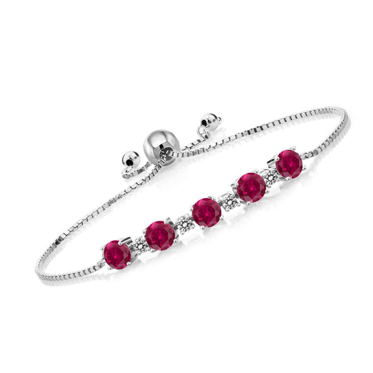 Gem Stone King 925 Sterling Silver Red Created Ruby and White Diamond Tennis Bracelet For Women (5.26 Cttw, Round 5MM and 2.5MM, Fully Adjustable Up to 9 Inch)