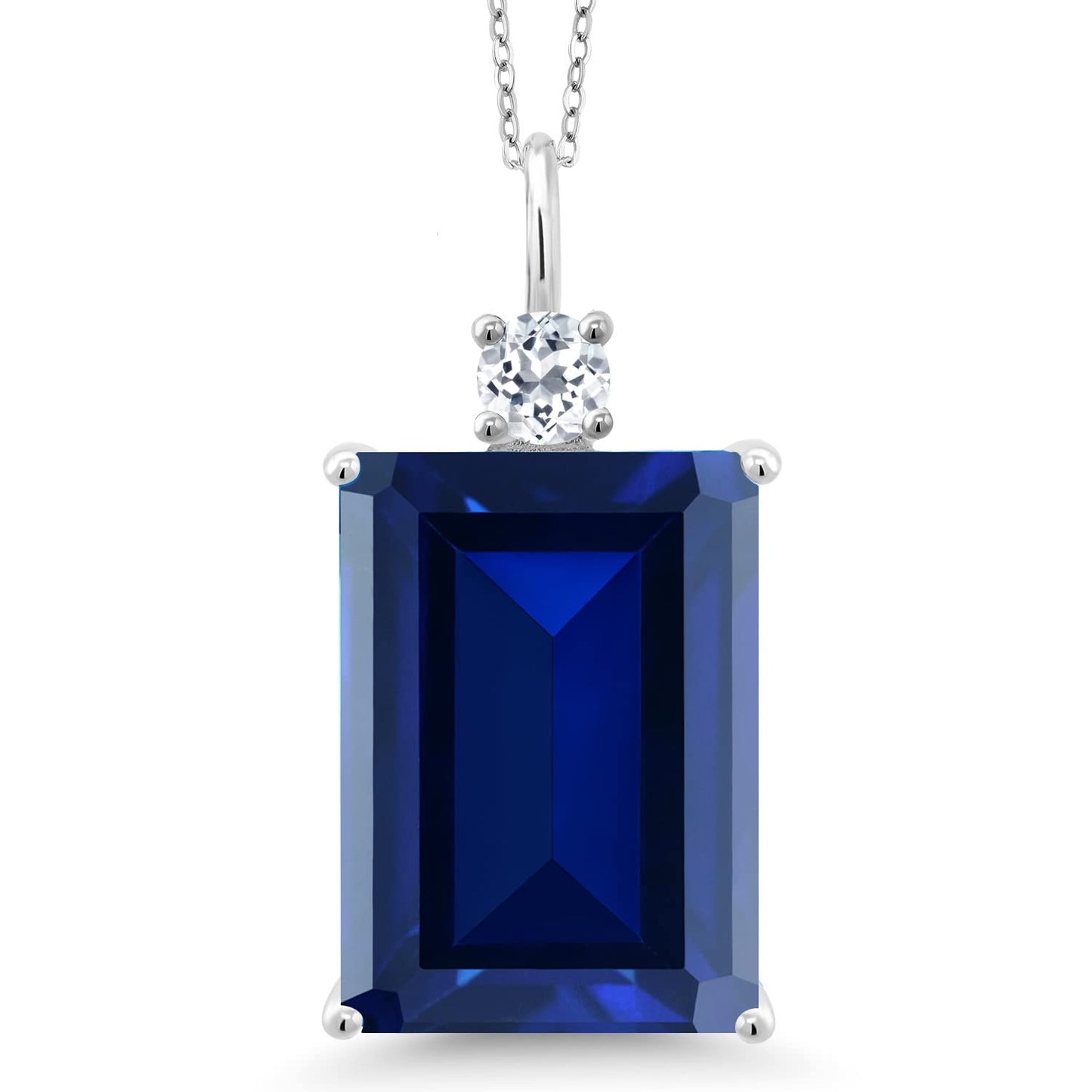 Gem Stone King 17.83 Cttw Blue Created Sapphire and White Topaz Pendant Necklace For Women In 925 Sterling Silver | Emerald Cut 18X13MM | With 18 Inch Silver Chain